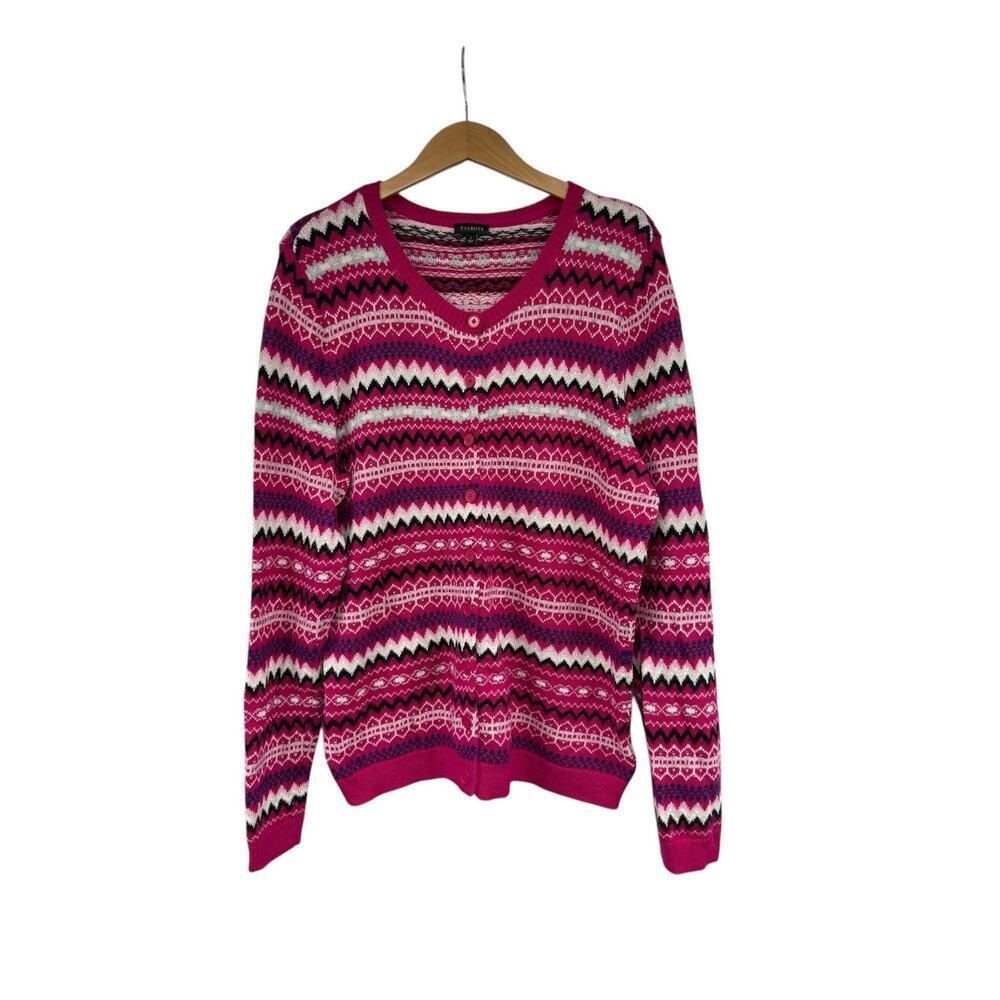 Talbots Cardigan Women’s Pink Lambs Wool Sweater Fair‎ Isle Stripe Nordic Large